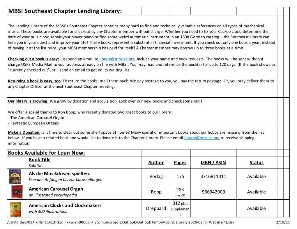 MBSI SE Library 2020-02 for Website(4).Xlsx 2/19/21 Book Title Author Pages ISBN / ASIN Status Subtitle