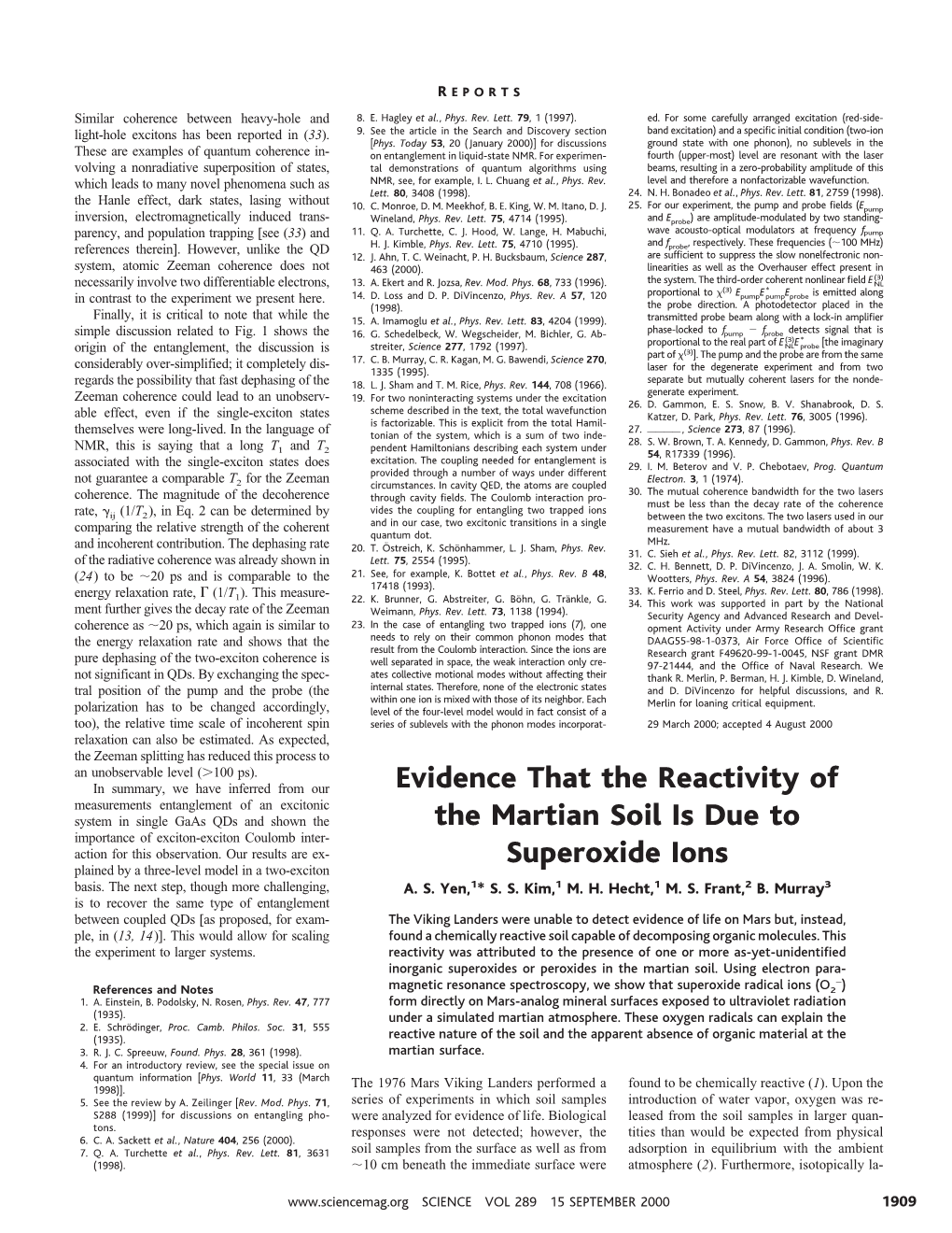 Evidence That the Reactivity of the Martian Soil Is Due To