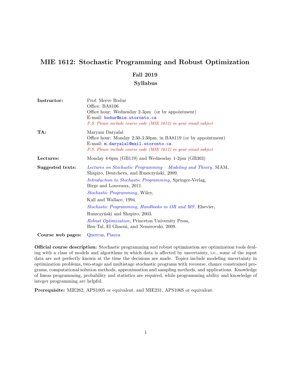 MIE 1612: Stochastic Programming and Robust Optimization