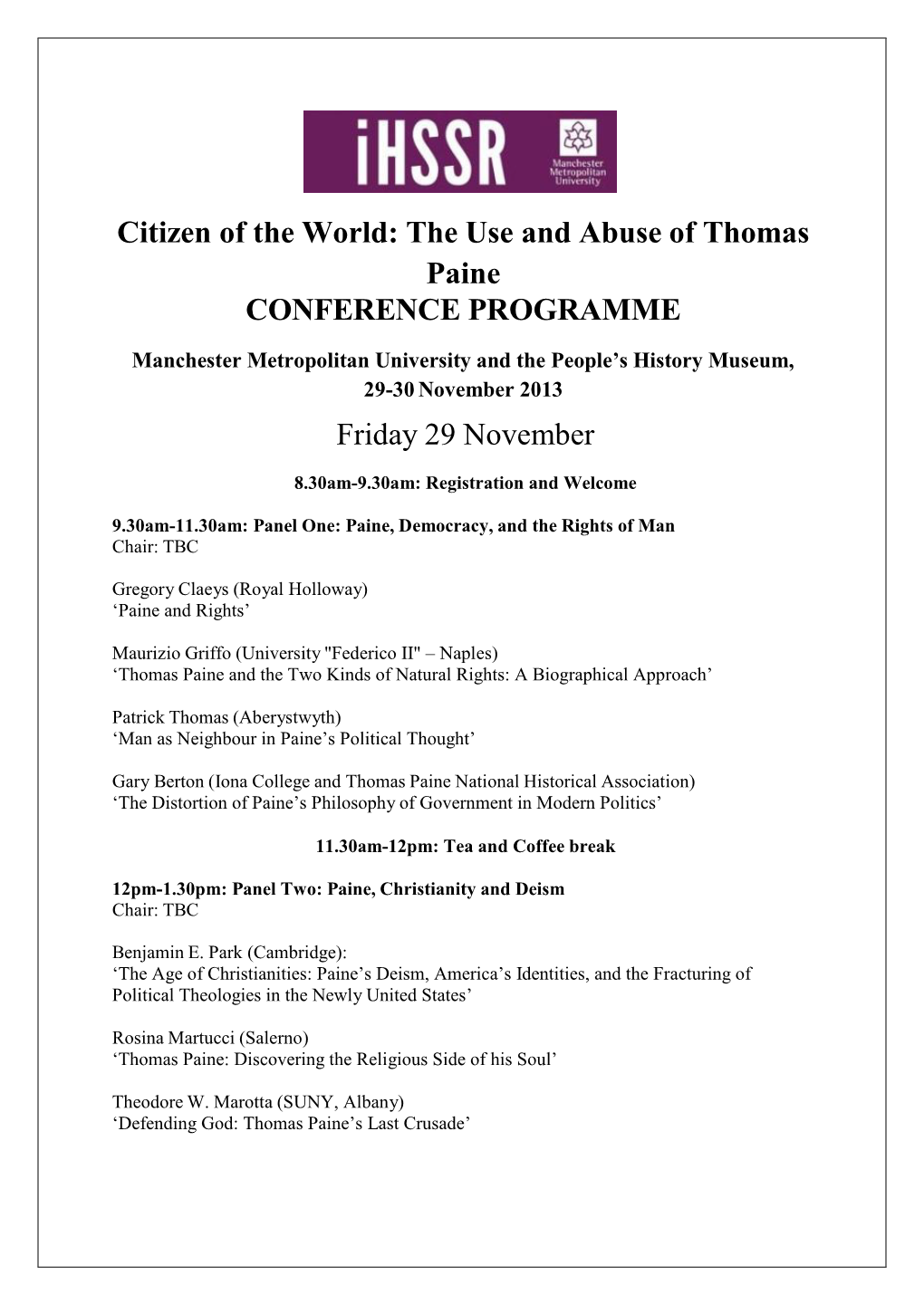 The Use and Abuse of Thomas Paine CONFERENCE PROGRAMME