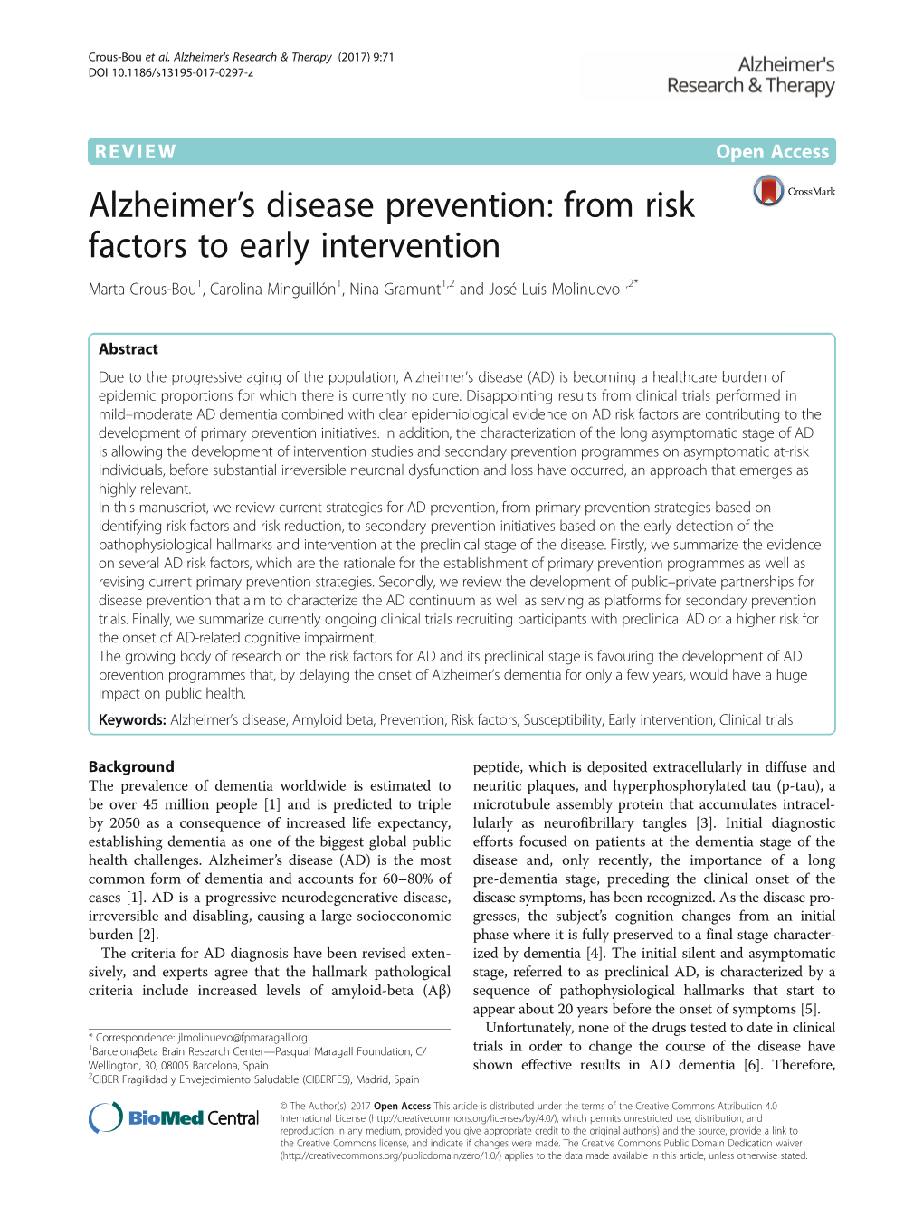 Alzheimer's Disease Prevention: from Risk Factors to Early Intervention