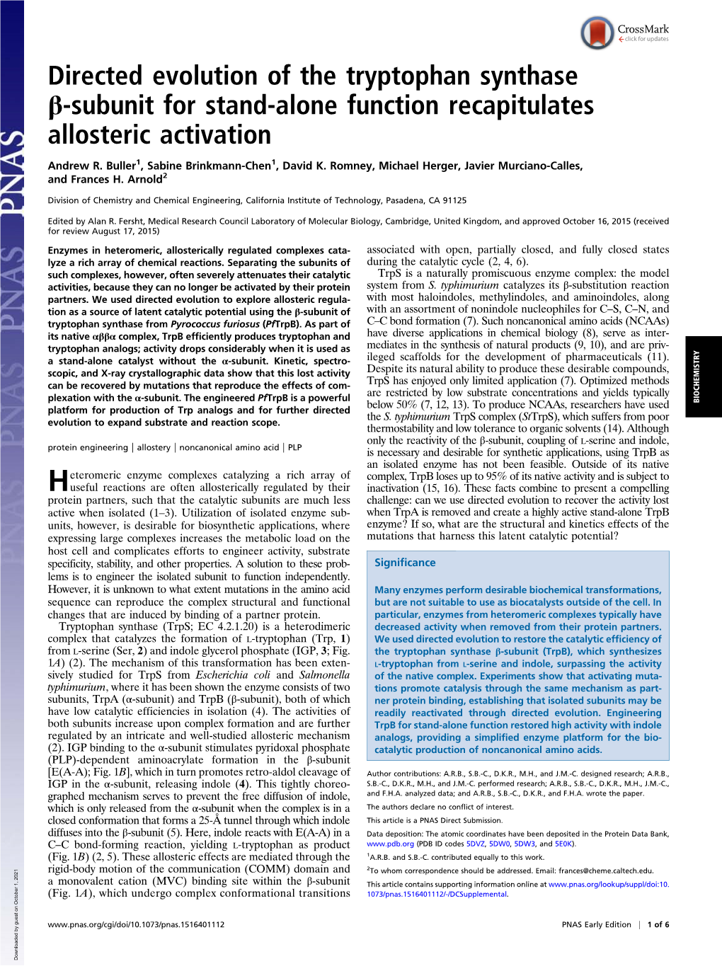 Directed Evolution of the Tryptophan Synthase Β-Subunit for Stand-Alone Function Recapitulates Allosteric Activation