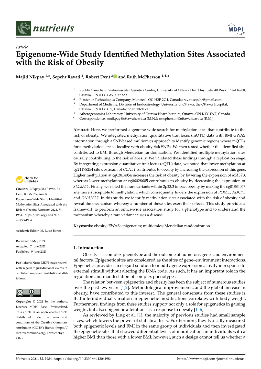 Epigenome-Wide Study Identified Methylation Sites Associated With