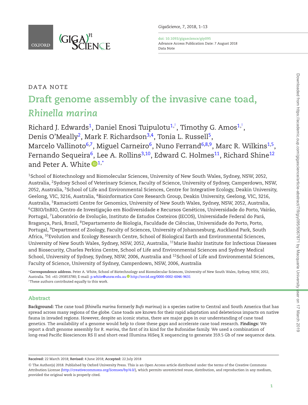 Draft Genome Assembly of the Invasive Cane Toad, Rhinella Marina