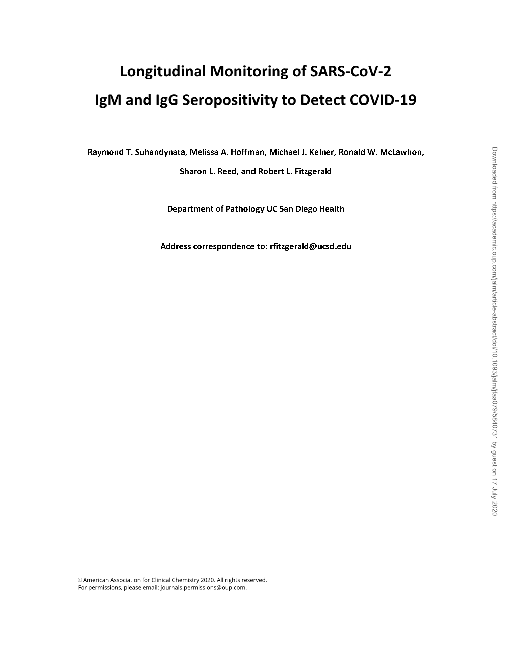 Longitudinal Monitoring of SARS-Cov-2 Igm and Igg Seropositivity to Detect COVID-19