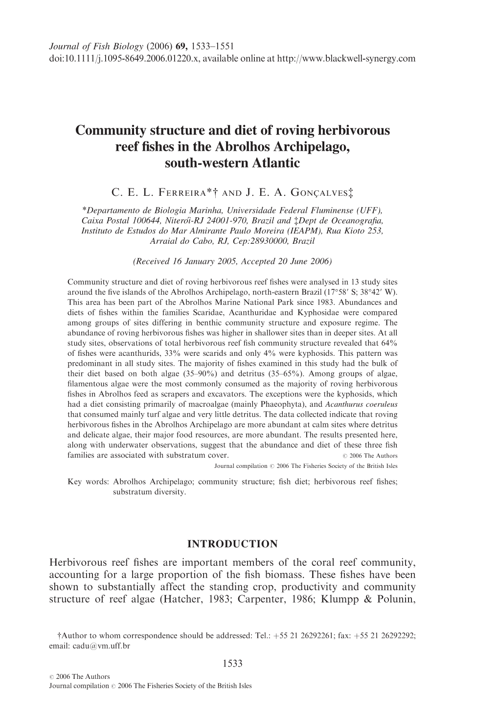 Community Structure and Diet of Roving Herbivorous Reef Fishes in the Abrolhos Archipelago, South-Western Atlantic