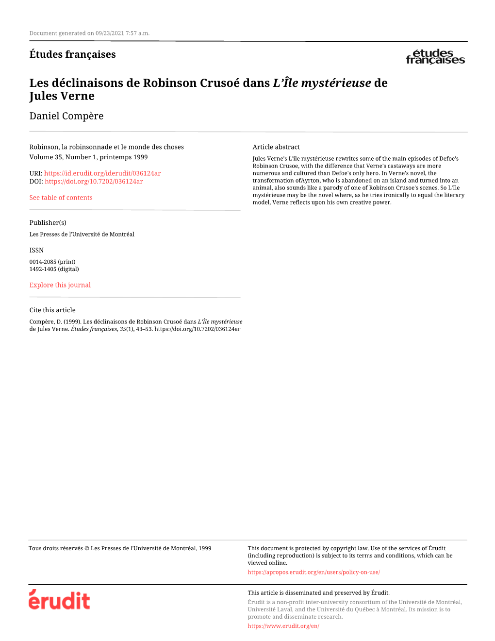 Les Déclinaisons De Robinson Crusoé Dans L'île Mystérieuse De Jules