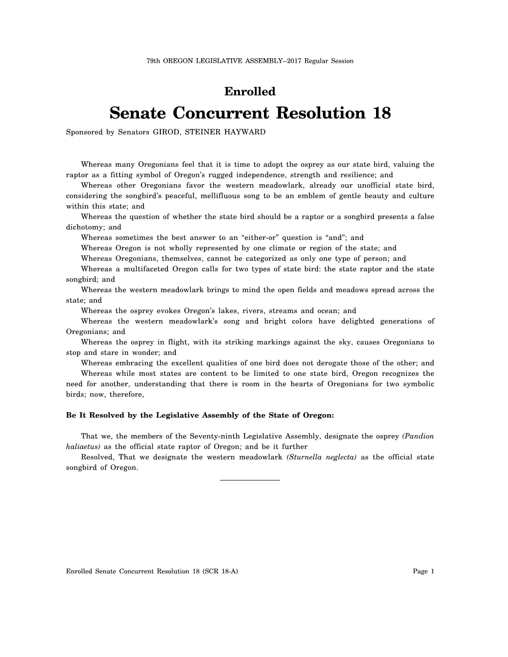 Senate Concurrent Resolution 18 Sponsored by Senators GIROD, STEINER HAYWARD