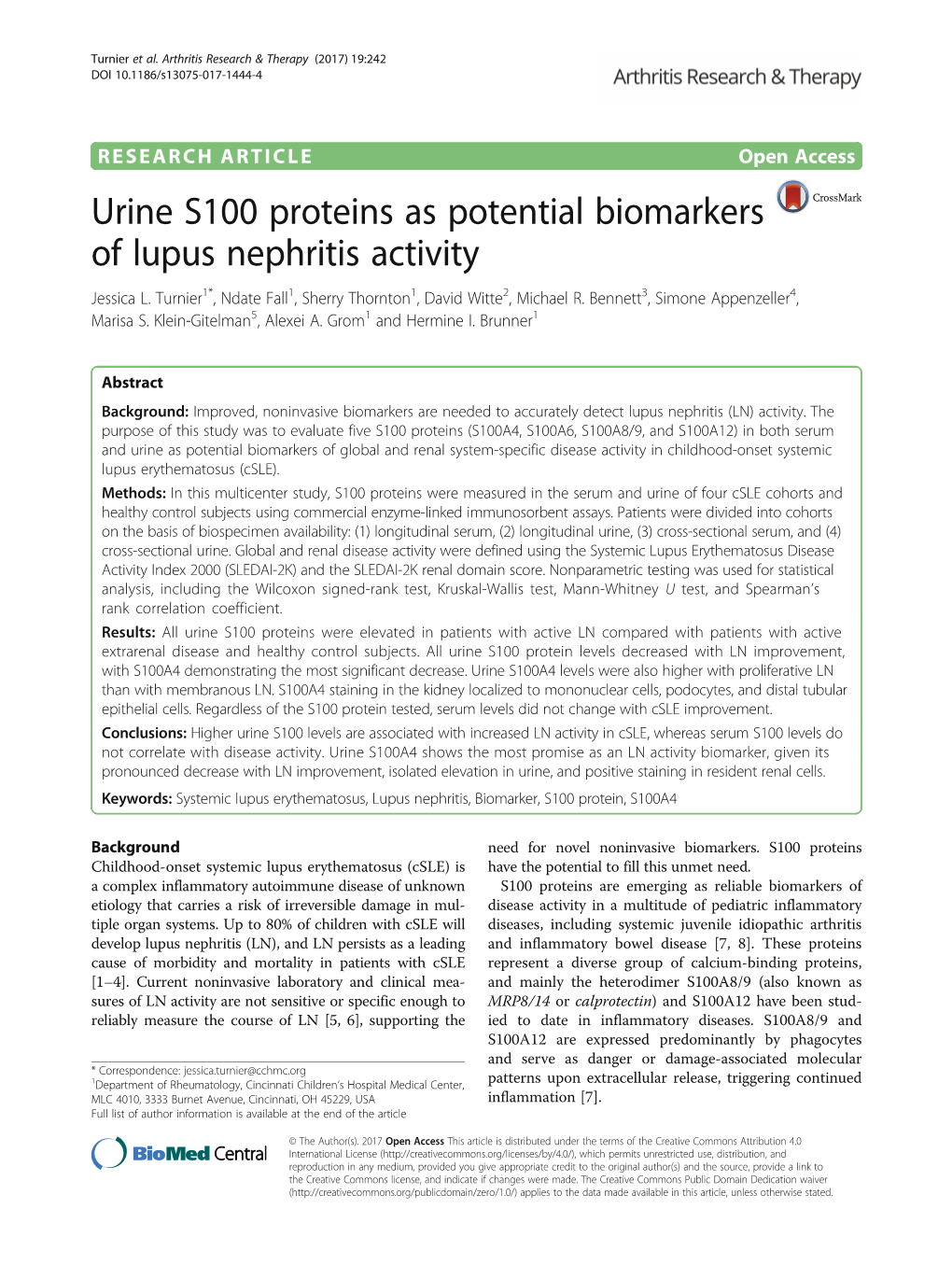 Urine S100 Proteins As Potential Biomarkers of Lupus Nephritis Activity Jessica L