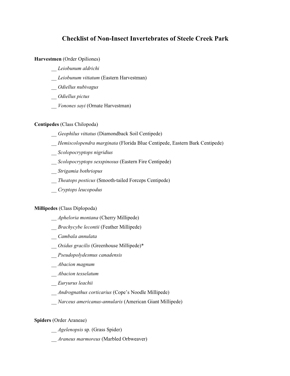 Checklist of Non-Insect Invertebrates of Steele Creek Park