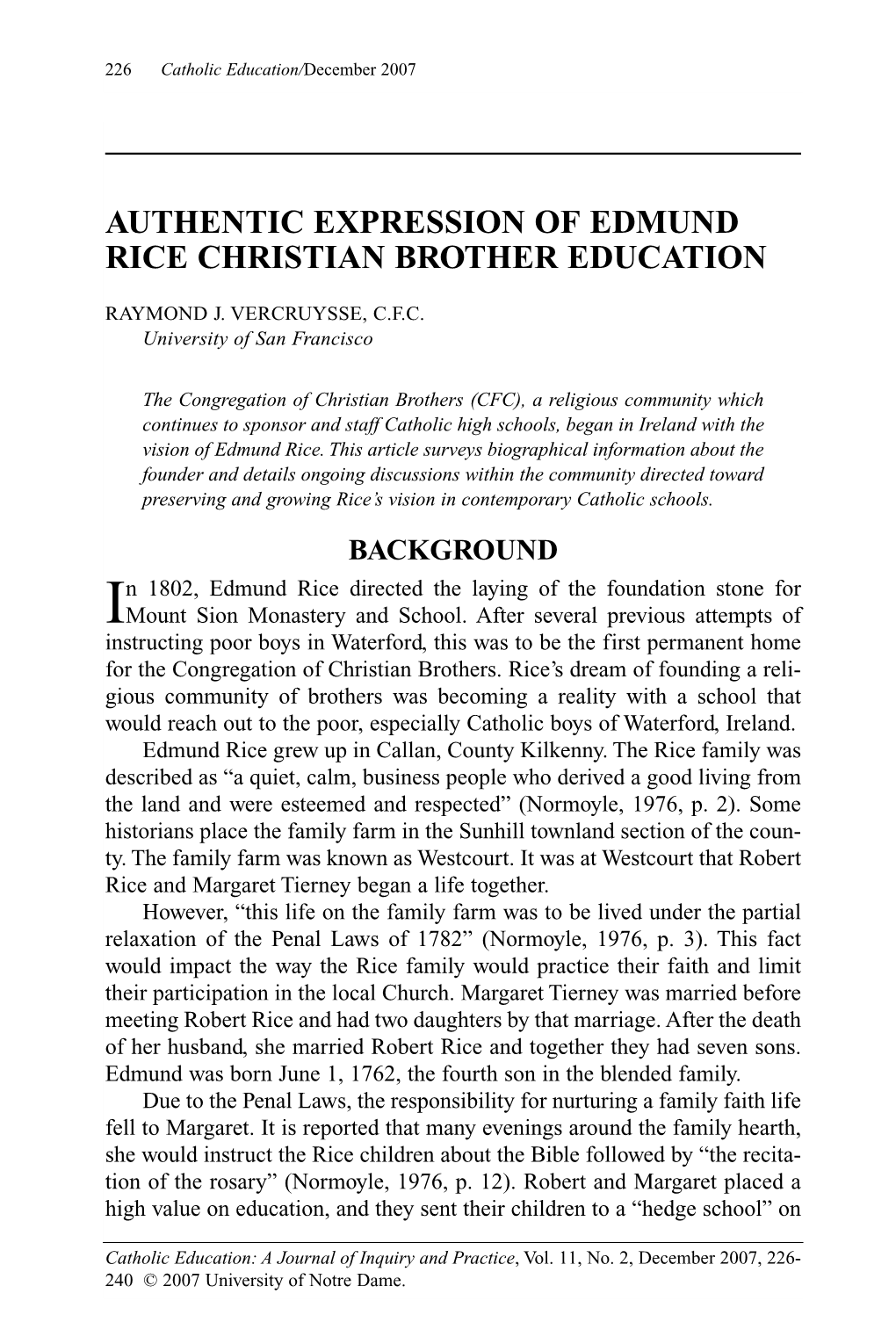 Authentic Expression of Edmund Rice Christian Brother Education