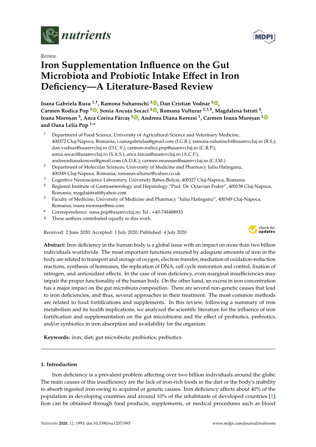 Iron Supplementation Influence on the Gut Microbiota and Probiotic Intake