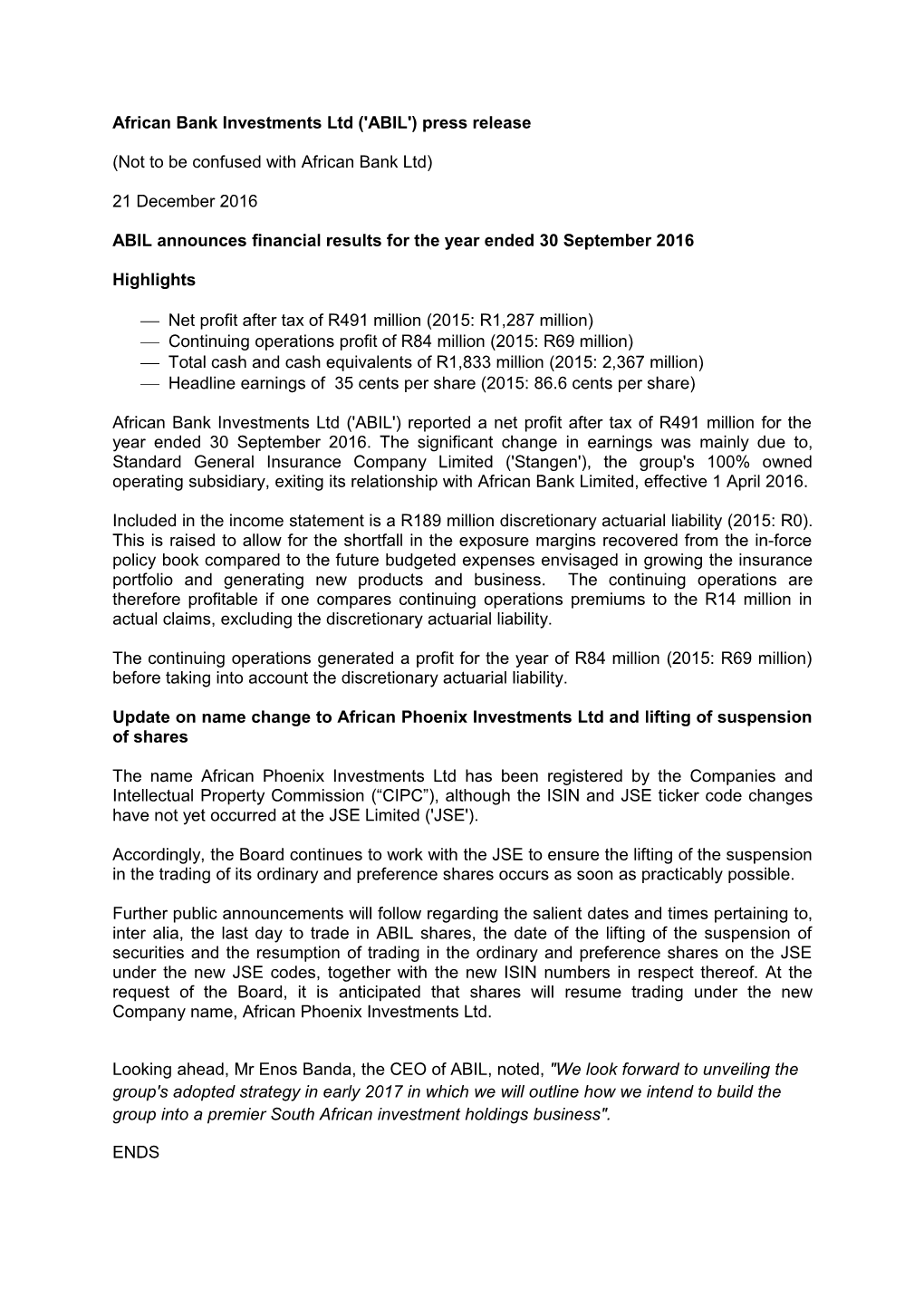 African Bank Investments Ltd ('ABIL') Press Release