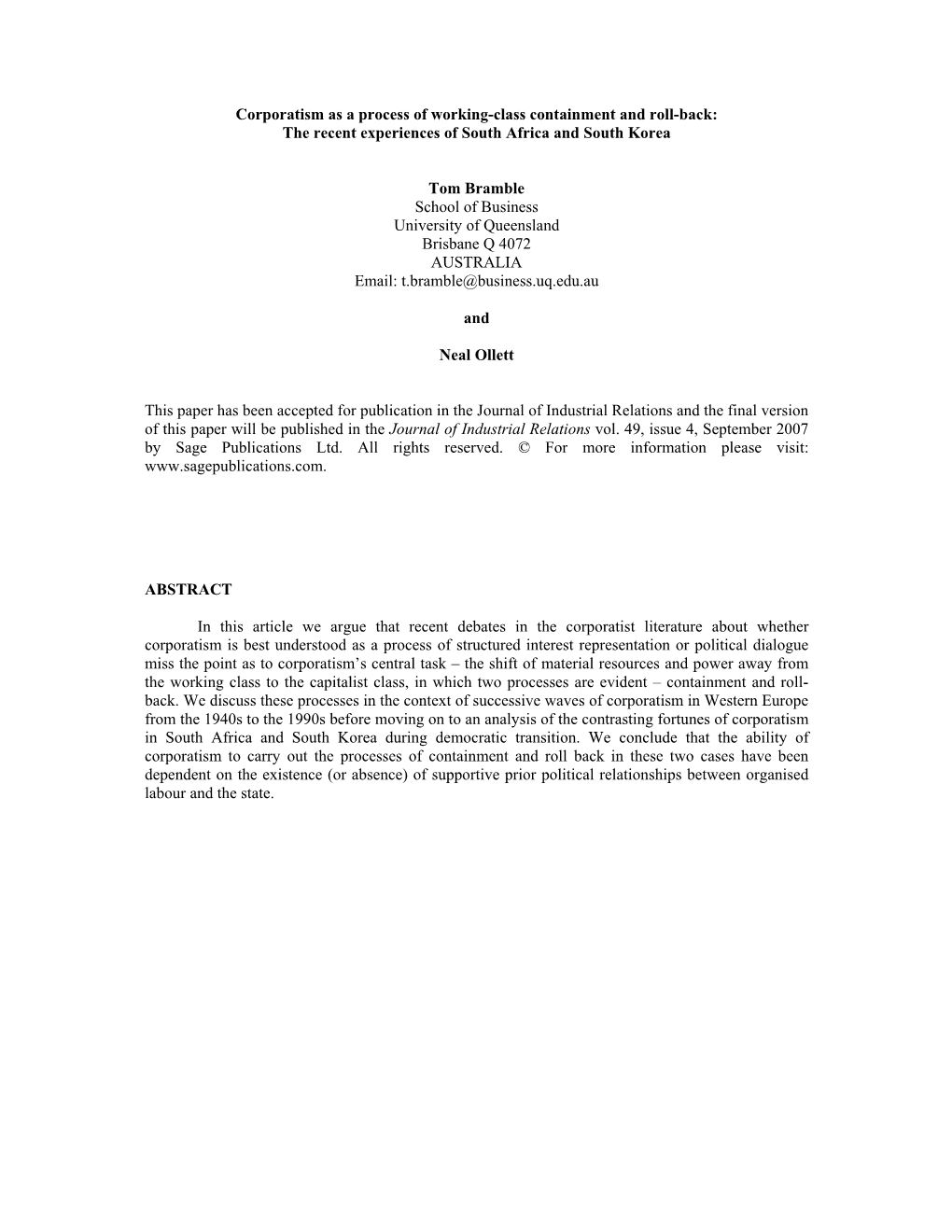 Corporatism As a Process of Working-Class Containment and Roll-Back: the Recent Experiences of South Africa and South Korea