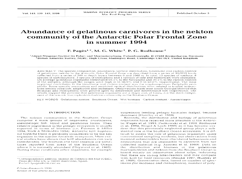 Abundance of Gelatinous Carnivores in the Nekton Community of the Antarctic Polar Frontal Zone in Summer 1994