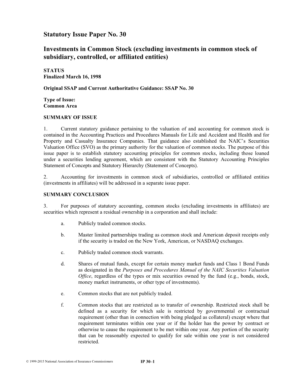 Statutory Issue Paper No. 30 Investments in Common Stock