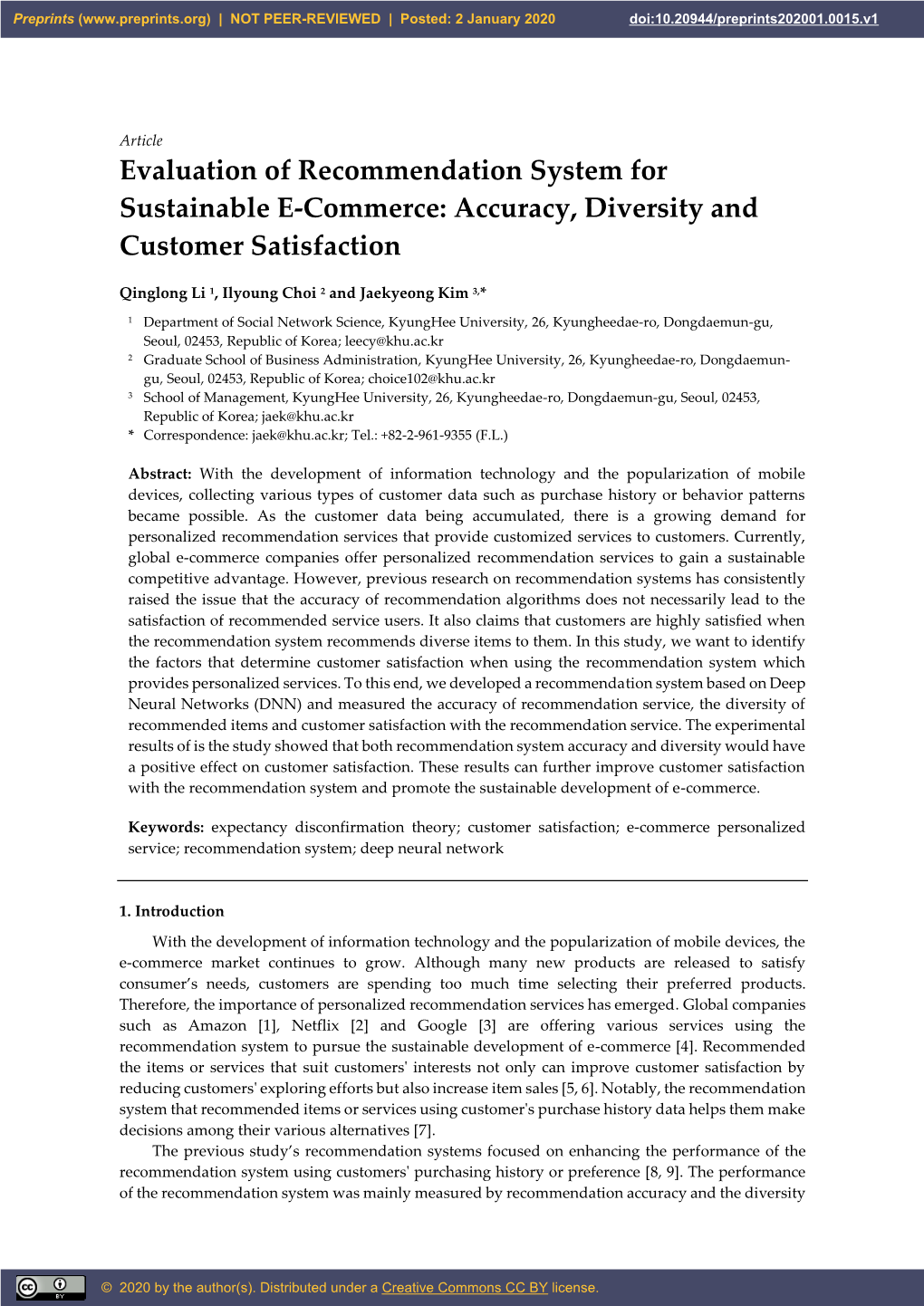 Evaluation of Recommendation System for Sustainable E-Commerce: Accuracy, Diversity and Customer Satisfaction