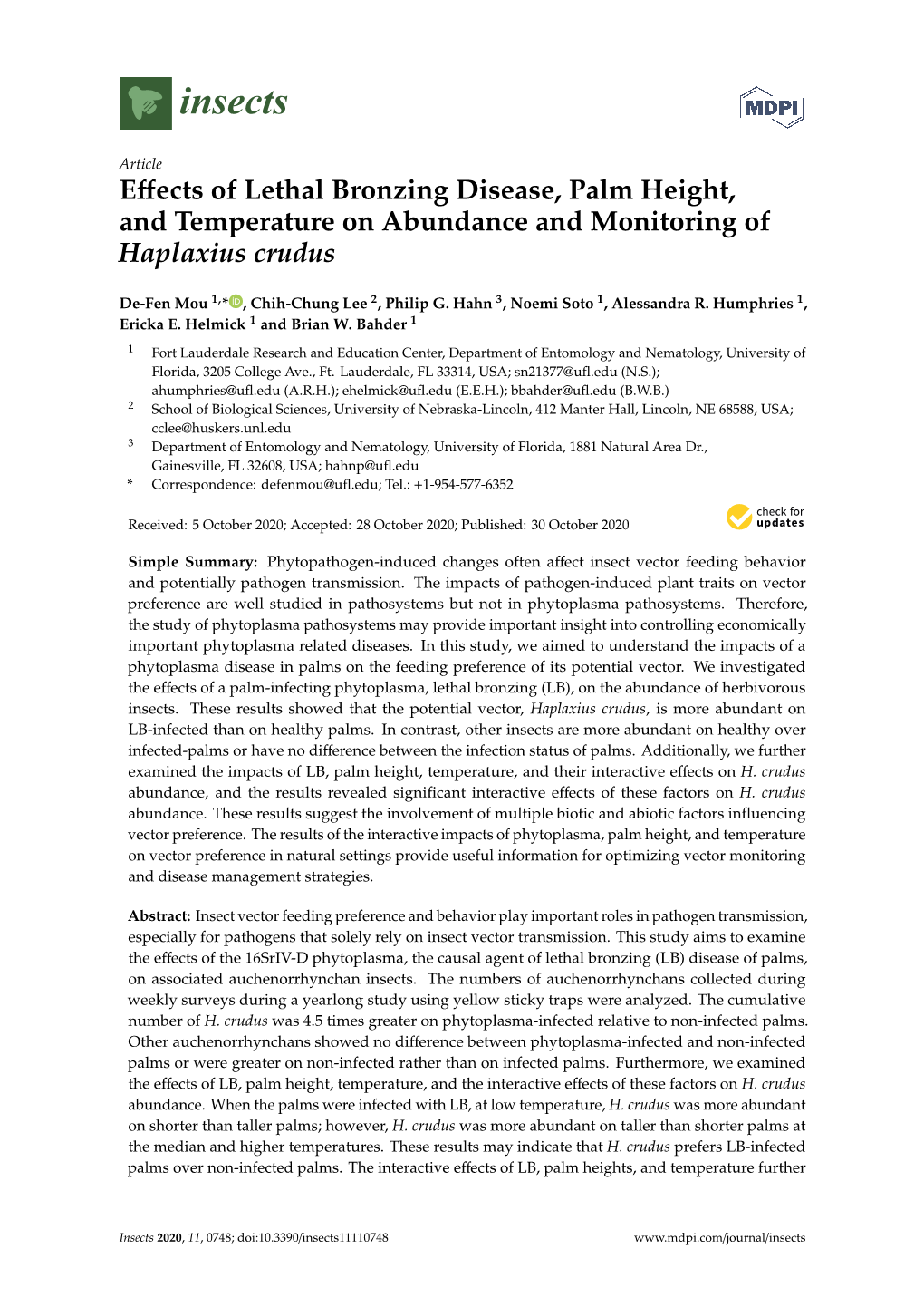 Effects of Lethal Bronzing Disease, Palm Height, and Temperature On