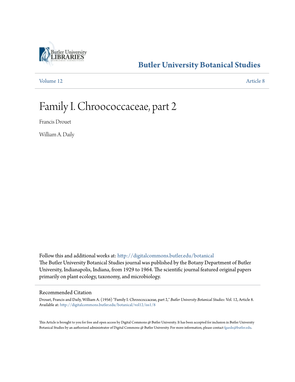 Family I. Chroococcaceae, Part 2 Francis Drouet