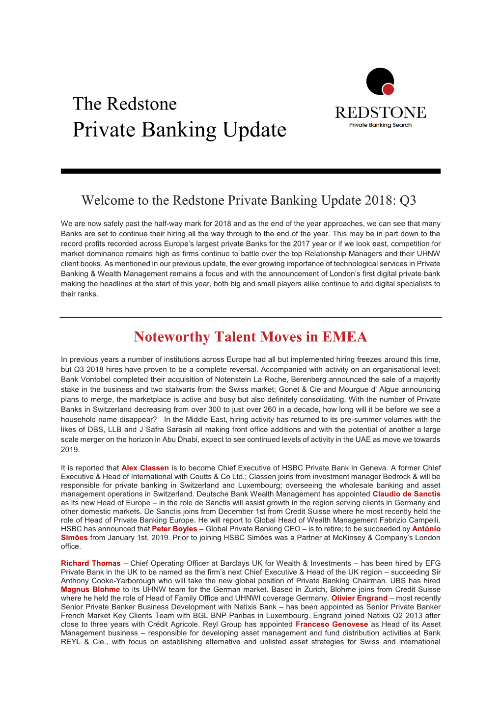 Redstone Private Banking Update Q3 2018