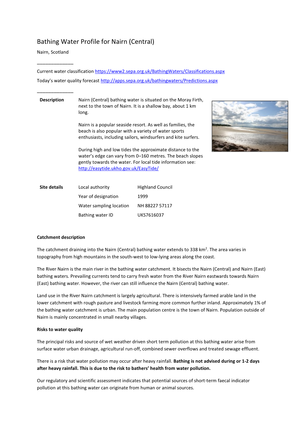 Bathing Water Profile for Nairn (Central)