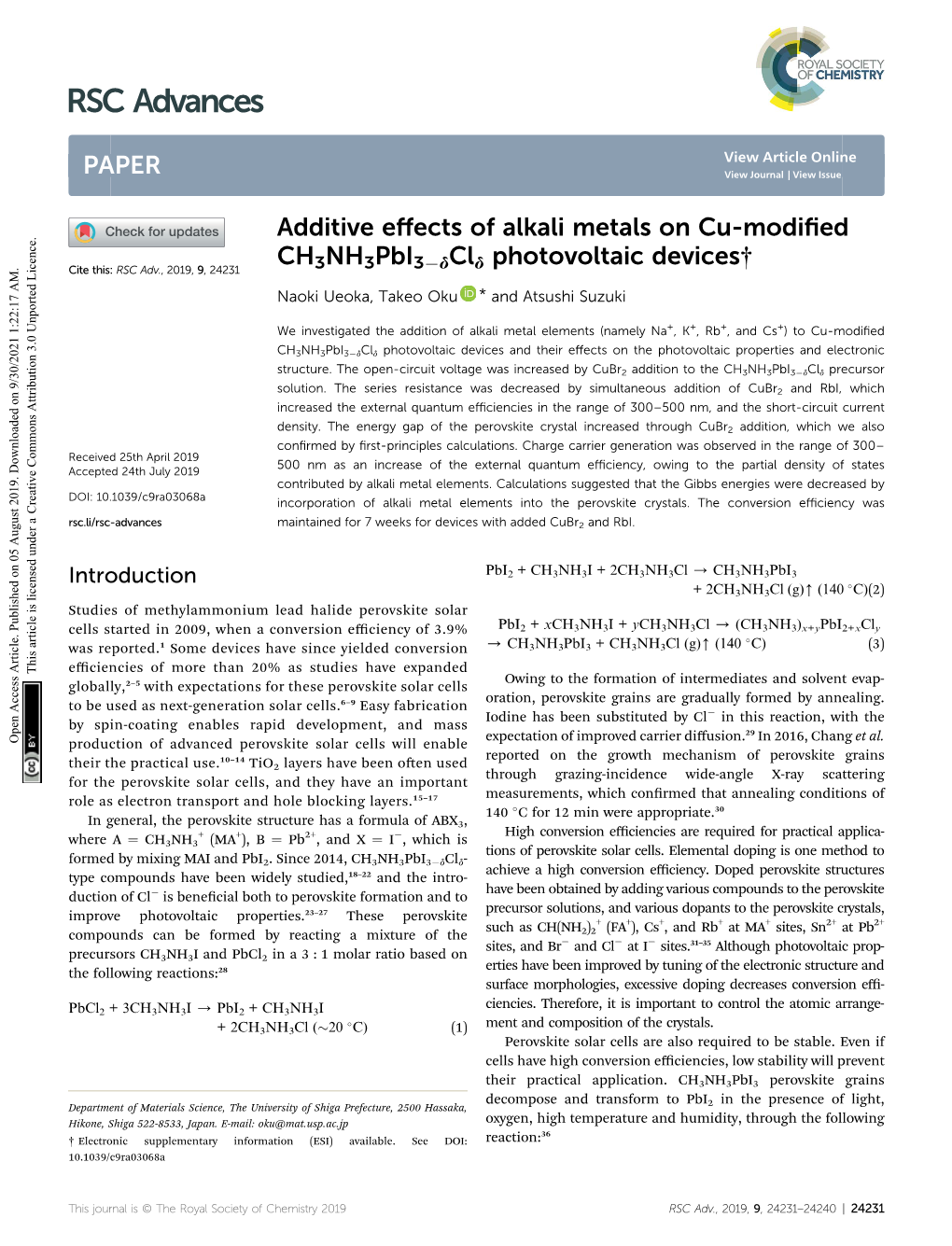 Additive Effects of Alkali Metals on Cu-Modified Ch3nh3pbi3−Δclδ