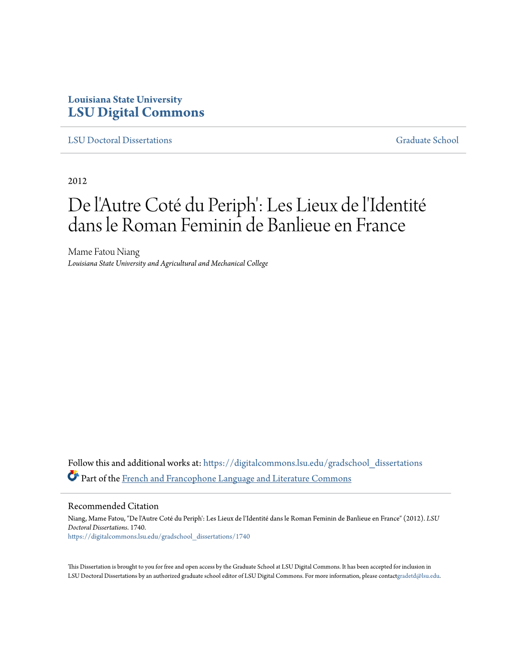 De L'autre Coté Du Periph': Les Lieux De L'identité Dans Le Roman Feminin