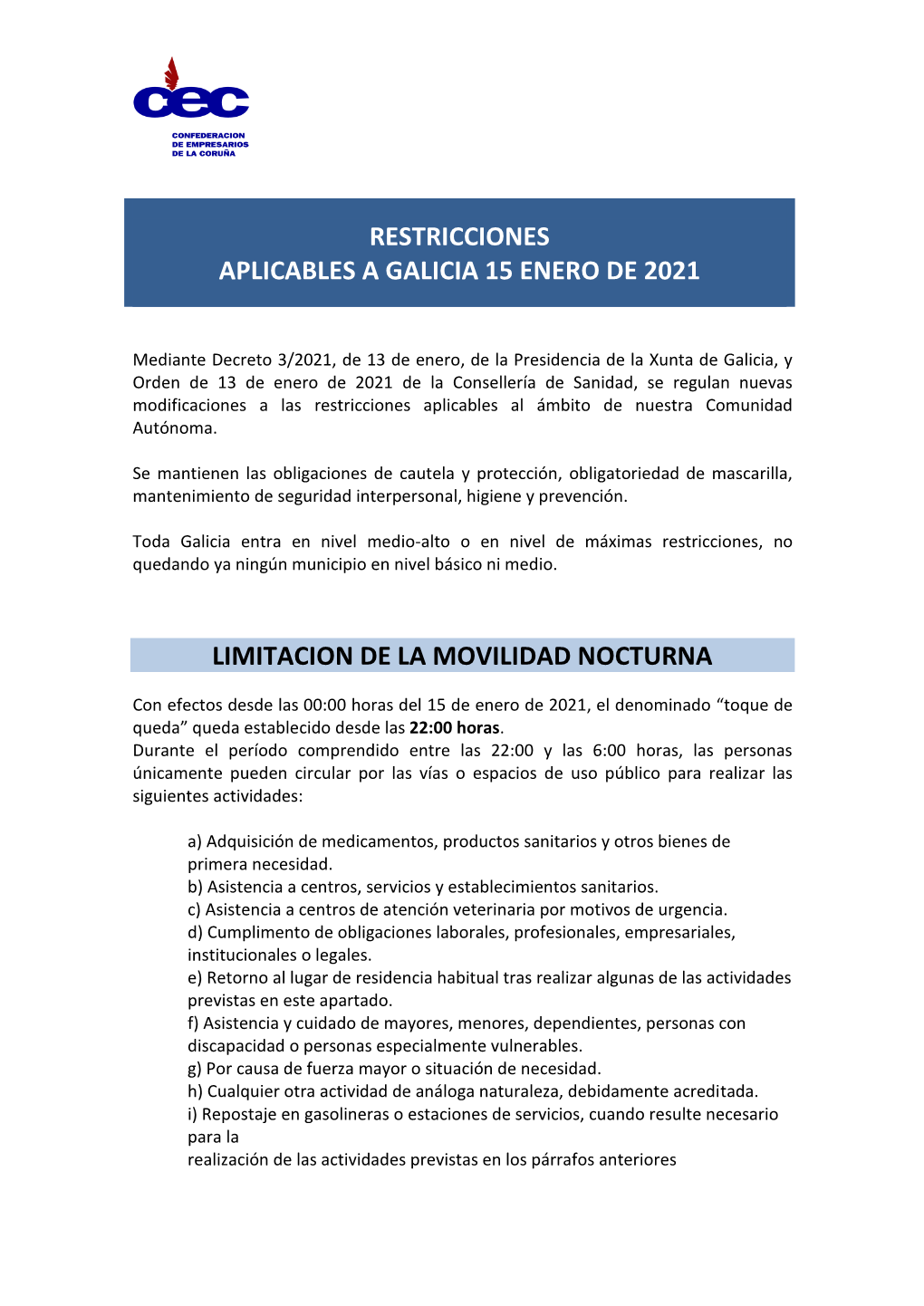 Restricciones Aplicables a Galicia 15 Enero De 2021