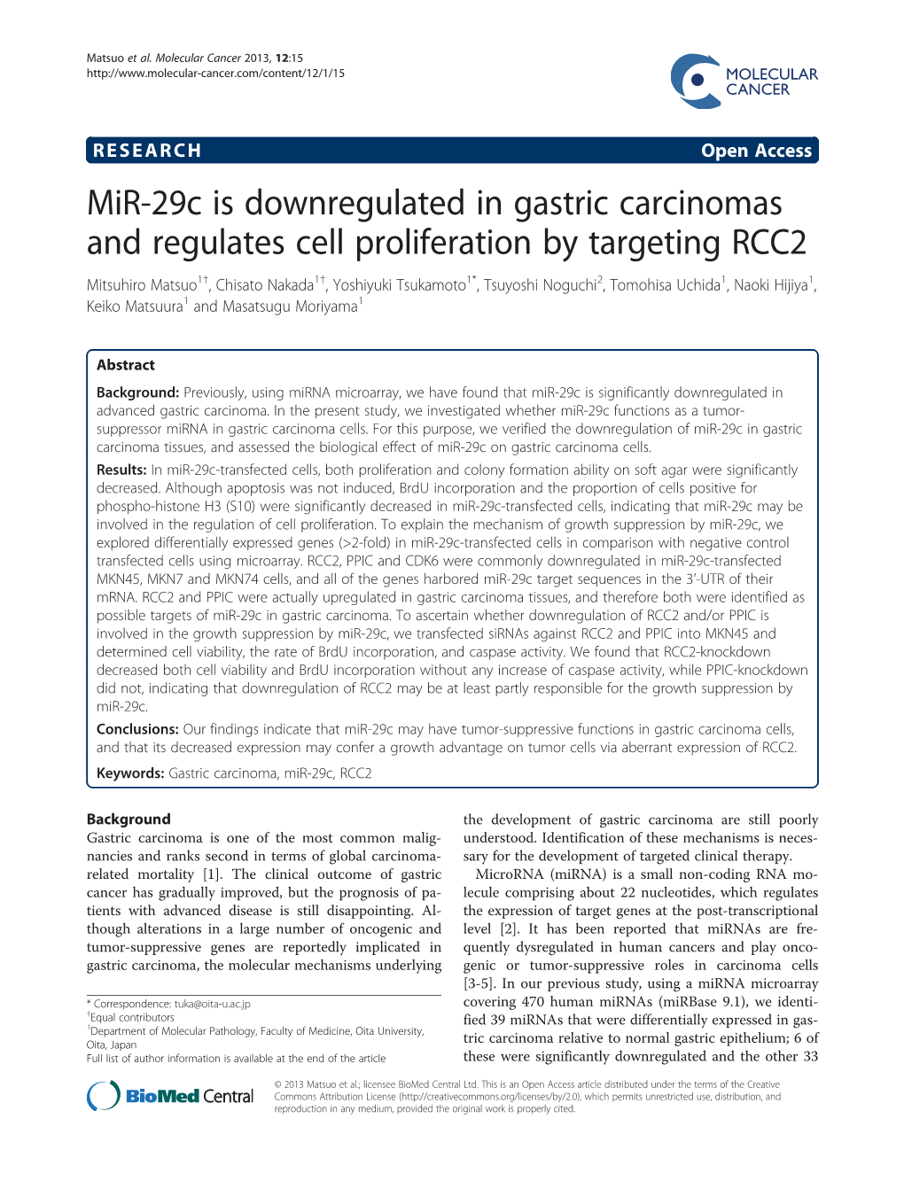 Mir-29C Is Downregulated in Gastric Carcinomas and Regulates Cell