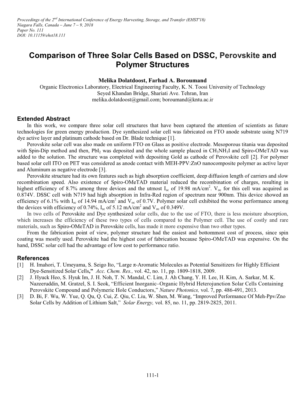 Comparison of Three Solar Cells Based on DSSC, Perovskite and Polymer Structures