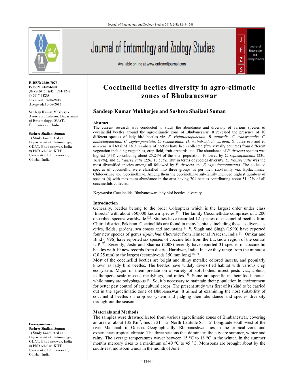 Coccinellid Beetles Diversity in Agro-Climatic Zones of Bhubaneswar