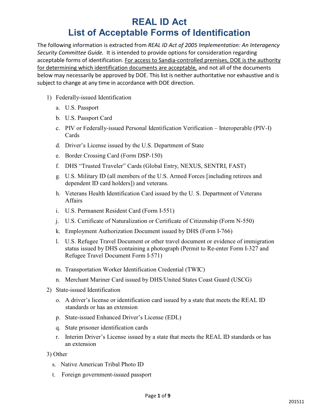 REAL ID Act List of Acceptable Forms of Identification