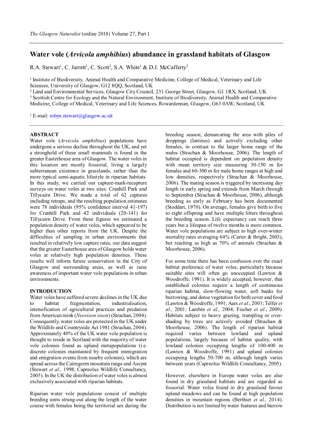 Water Vole (Arvicola Amphibius) Abundance in Grassland Habitats of Glasgow