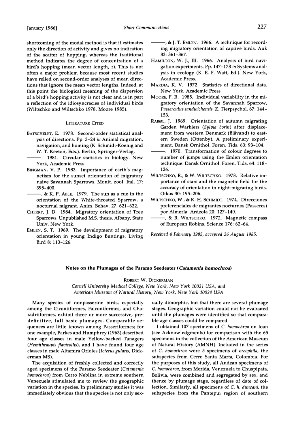 Notes on the Plumages of the Paramo Seedeater (Catamenia Homochroa)