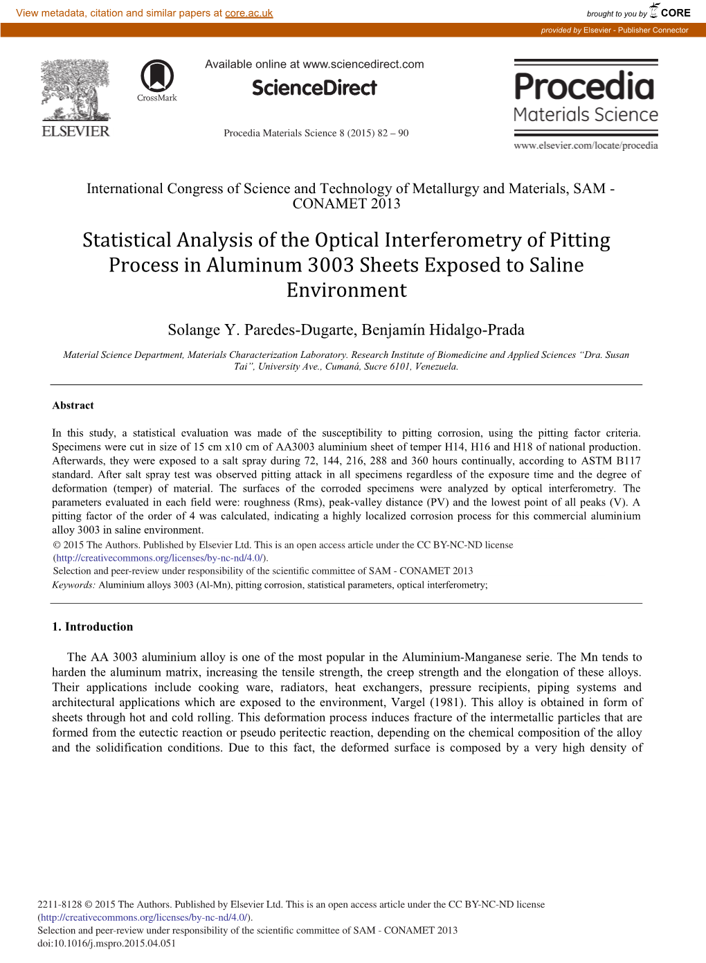 Statistical Analysis of the Optical Interferometry of Pitting Process in Aluminum 3003 Sheets Exposed to Saline Environment