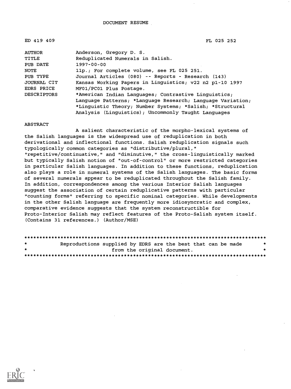 Reduplicated Numerals in Salish. PUB DATE 1997-00-00 NOTE 11P.; for Complete Volume, See FL 025 251