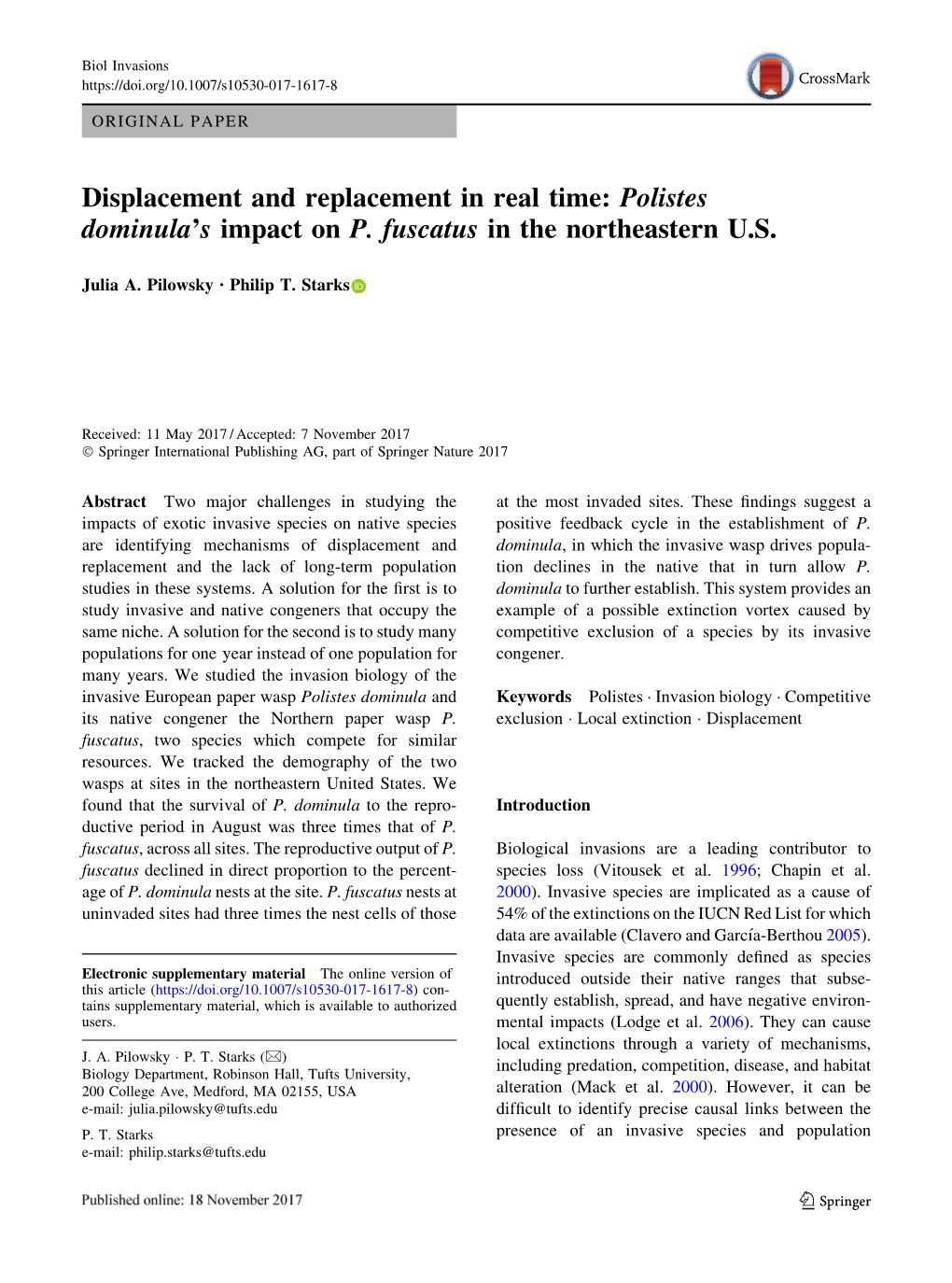 Polistes Dominula's Impact on P. Fuscatus in the Northeastern US