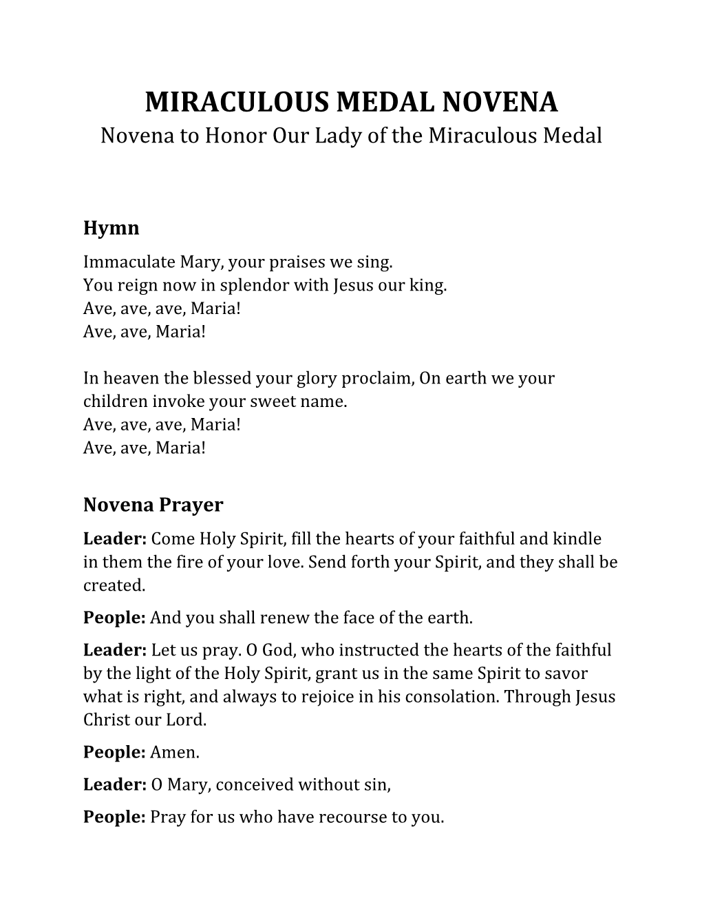 MIRACULOUS MEDAL NOVENA Novena to Honor Our Lady of the Miraculous Medal