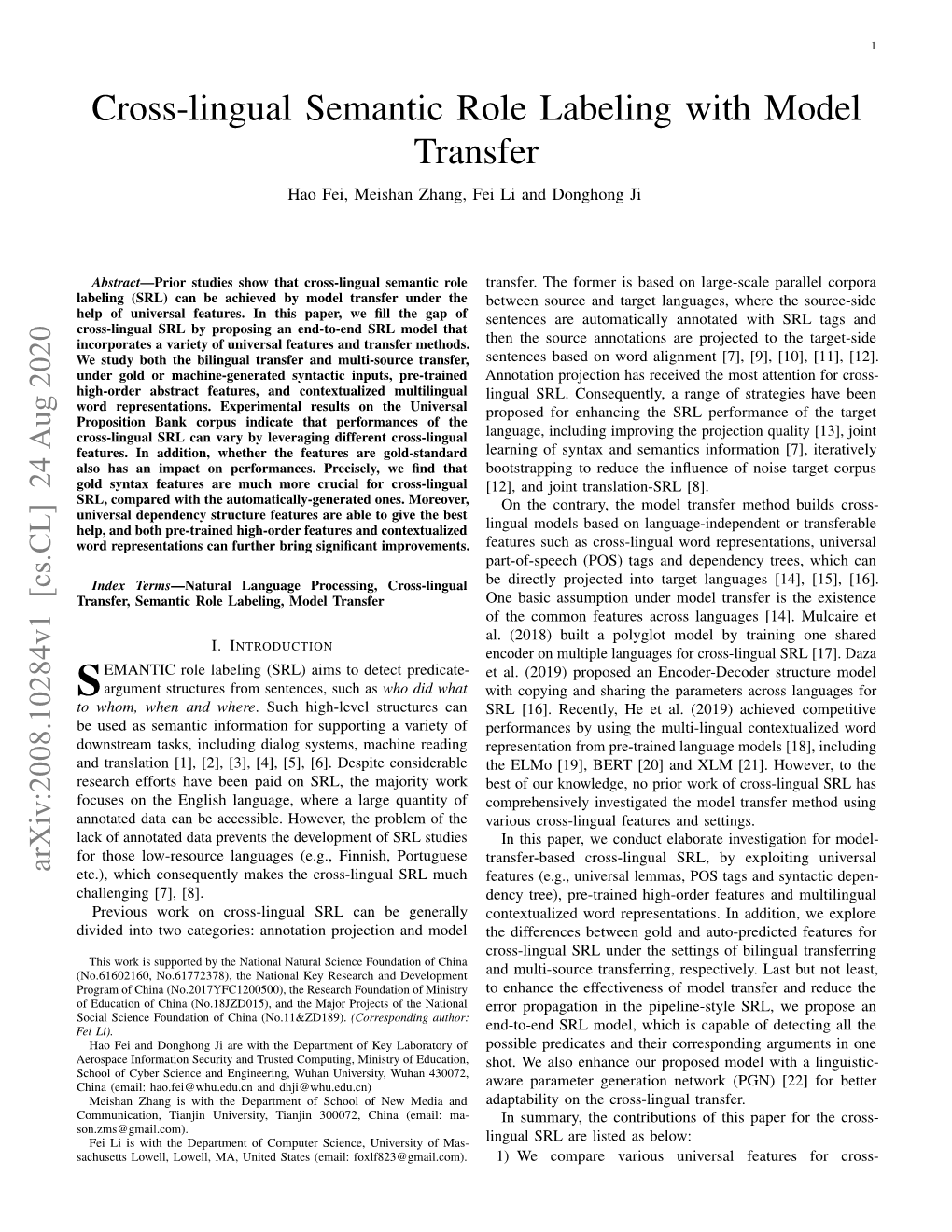 Cross-Lingual Semantic Role Labeling with Model Transfer Hao Fei, Meishan Zhang, Fei Li and Donghong Ji