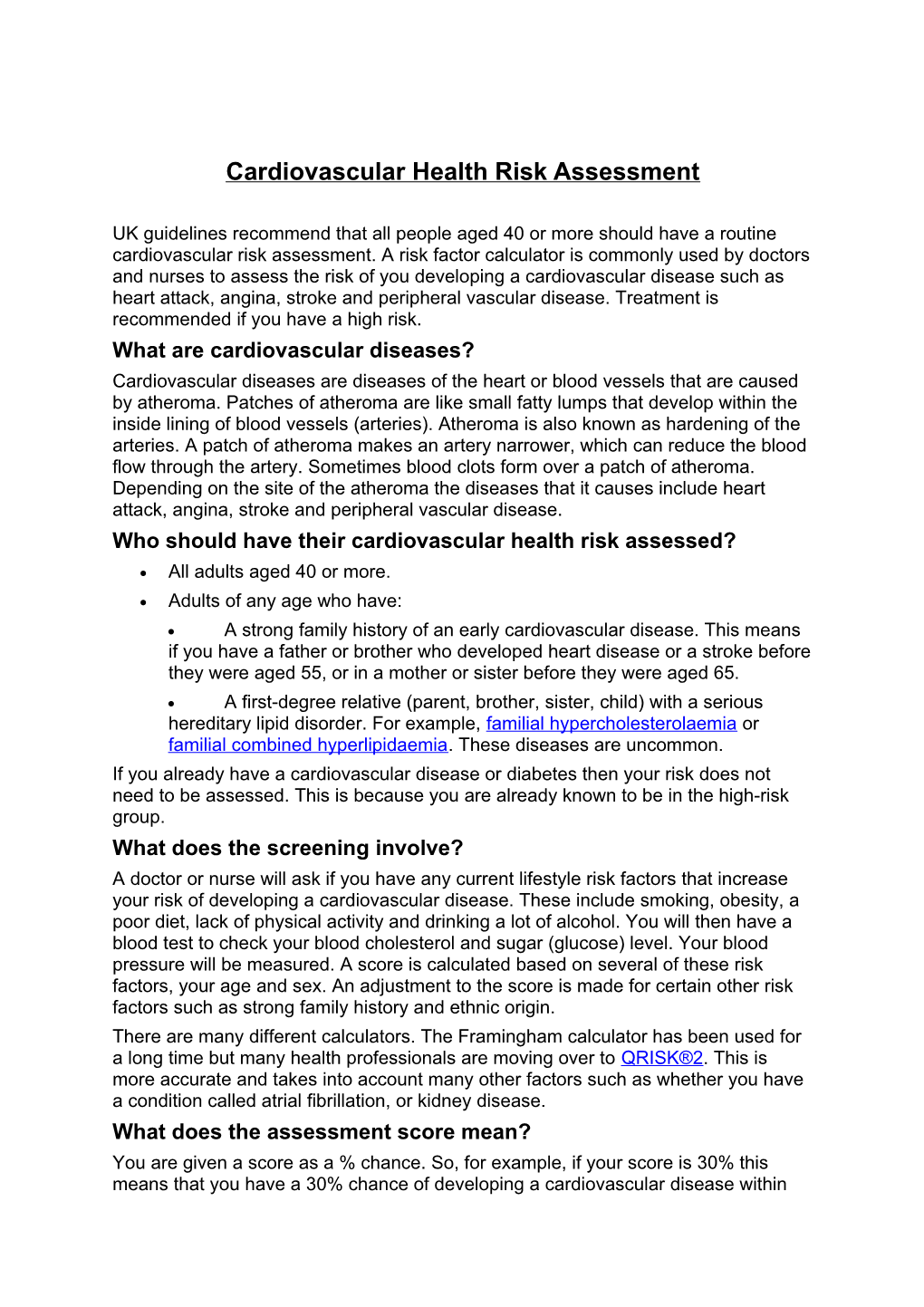 Cardiovascular Health Risk Assessment