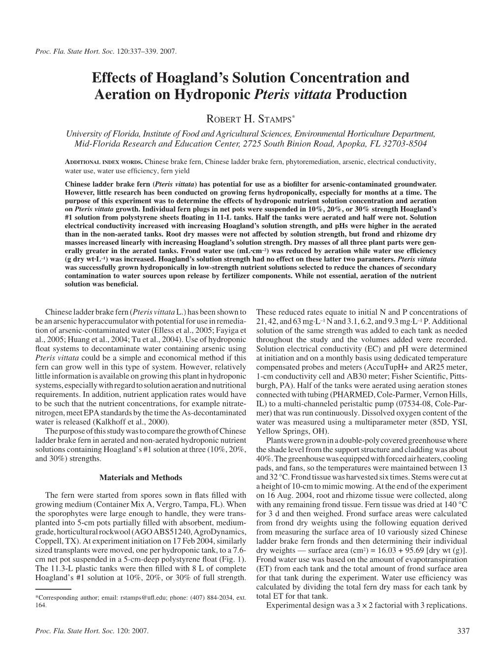 Effects of Hoagland's Solution Concentration and Aeration On