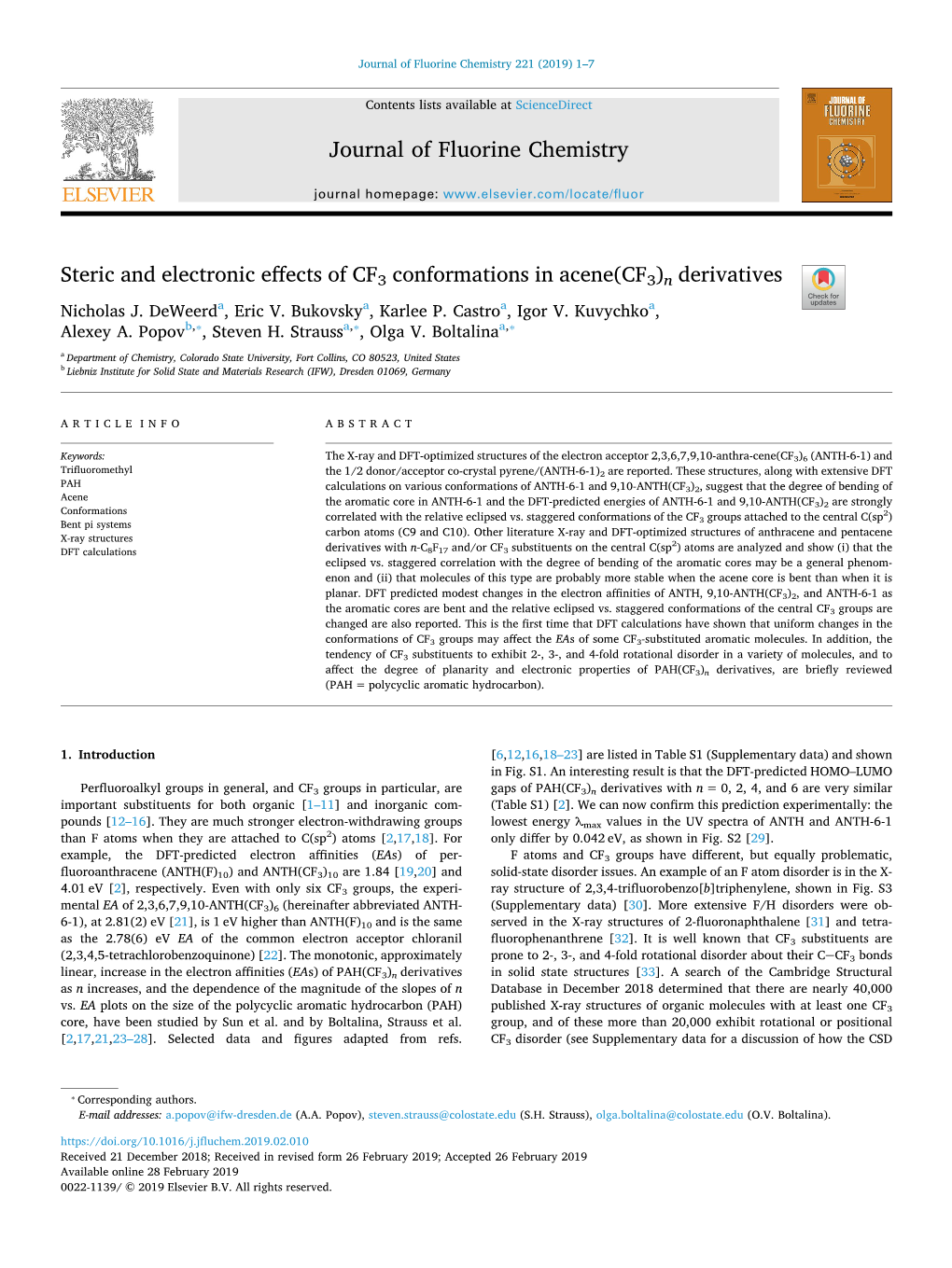 Journal of Fluorine Chemistry 221 (2019) 1–7