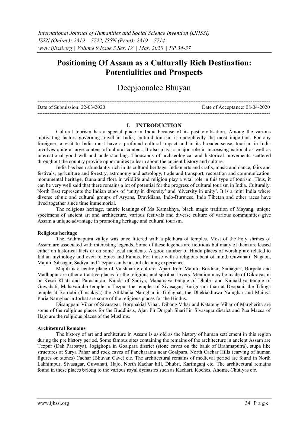 Positioning of Assam As a Culturally Rich Destination: Potentialities and Prospects