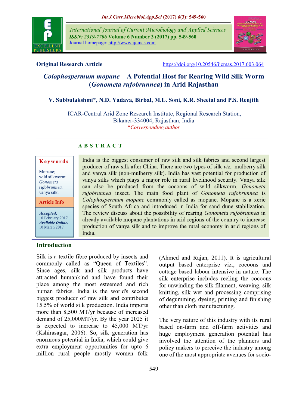 Colophospermum Mopane – a Potential Host for Rearing Wild Silk Worm (Gonometa Rufobrunnea) in Arid Rajasthan