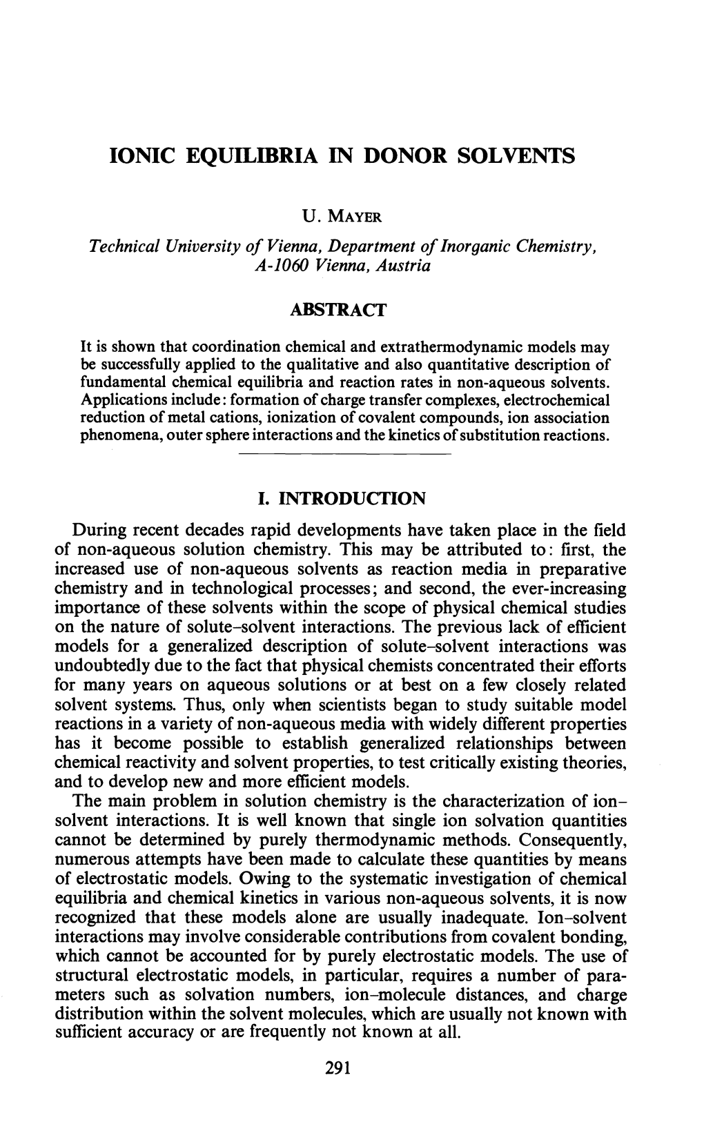 Ionic Equilibria in Donor Solvents