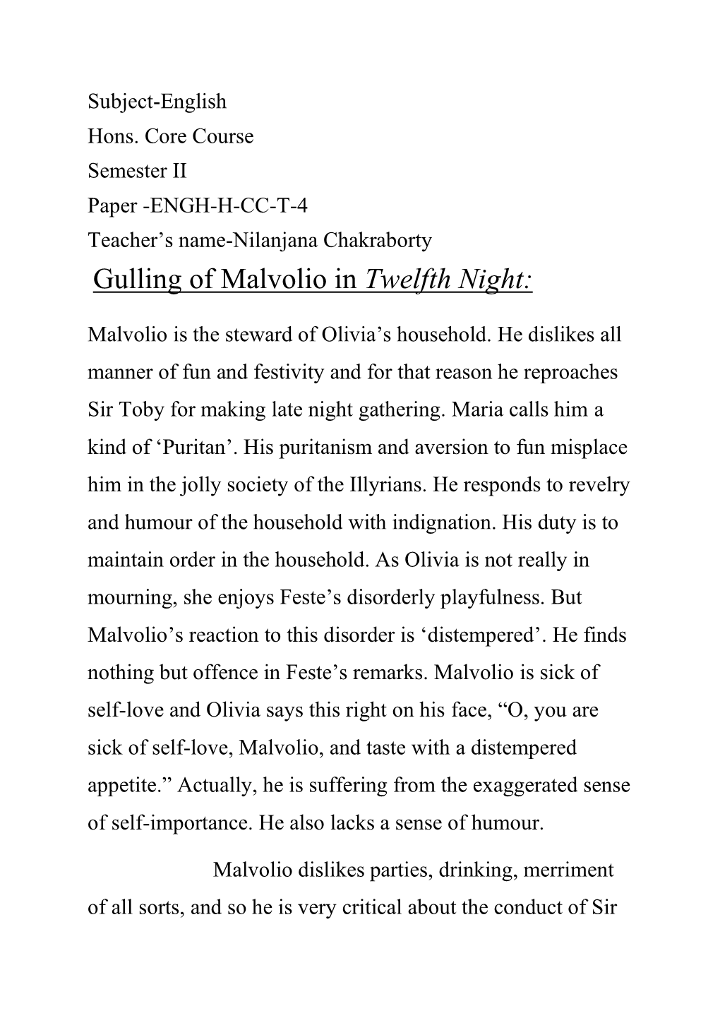 Gulling of Malvolio in Twelfth Night