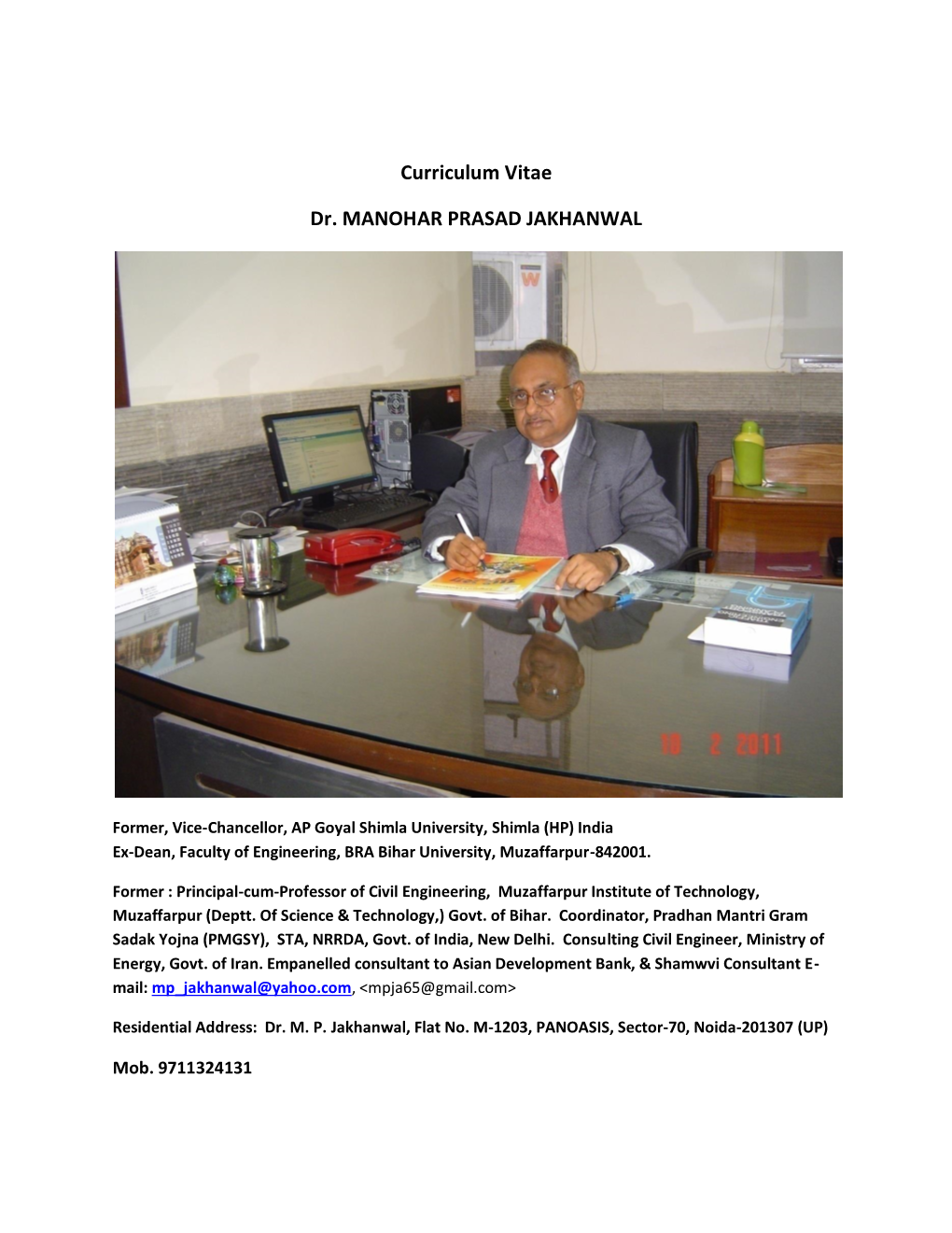 Curriculum Vitae Dr. MANOHAR PRASAD JAKHANWAL