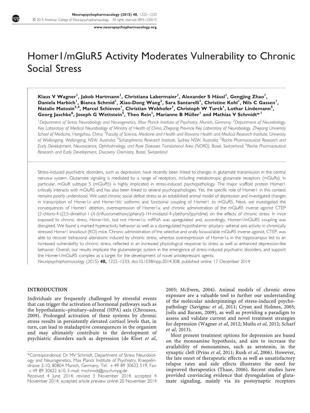 Mglur5 Activity Moderates Vulnerability to Chronic Social Stress