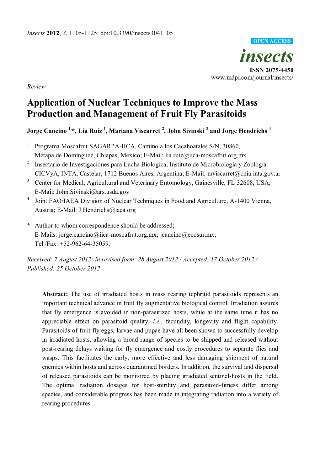 Application of Nuclear Techniques to Improve the Mass Production and Management of Fruit Fly Parasitoids