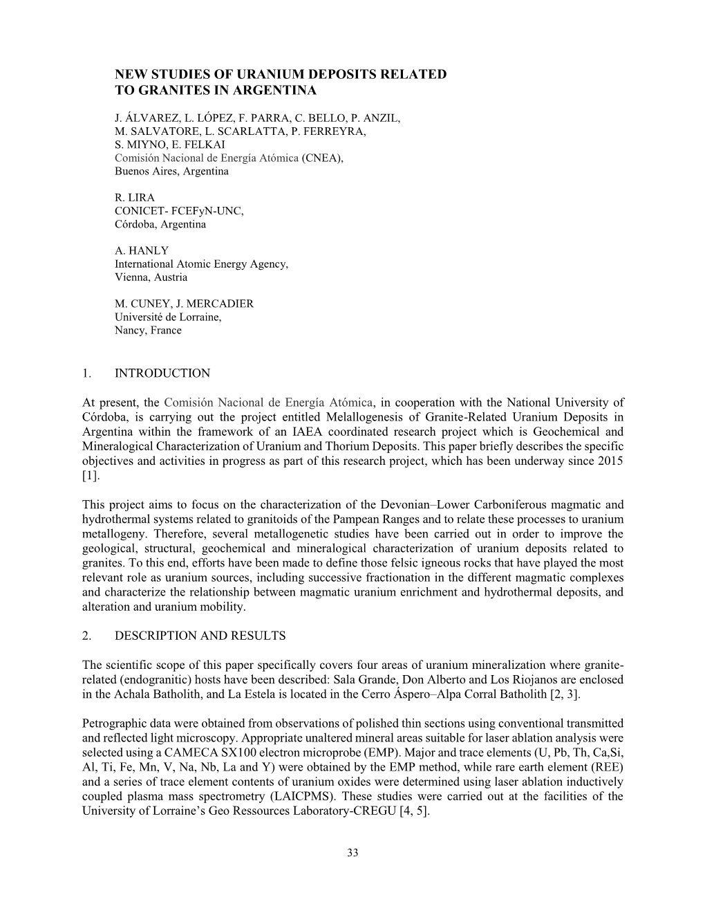 New Studies of Uranium Deposits Related to Granites in Argentina